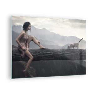 Quadro su vetro - Una donna e un gatto su un tronco di legno in un paesaggio piovoso - 70x50cm - Cime di bellezza - Decorazione murale moderna per soggiorno e camera da letto ARTTOR
