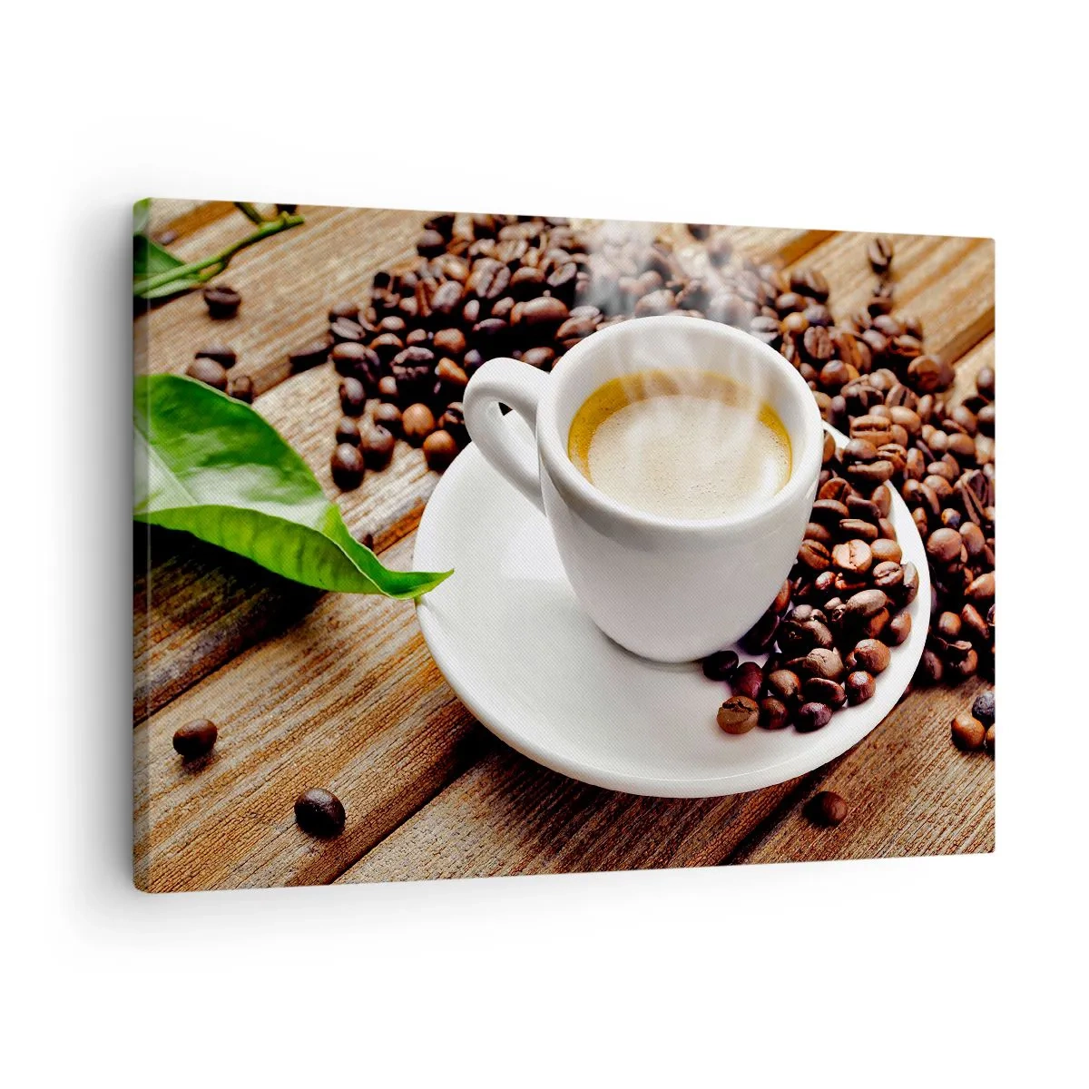 Quadro su tela - Stampe su Tela - Una tazza di caffè aromatico sullo sfondo di chicchi e una foglia - 70x50cm - Il caffè è pronto - Decorazione murale moderna per soggiorno e camera da letto ARTTOR