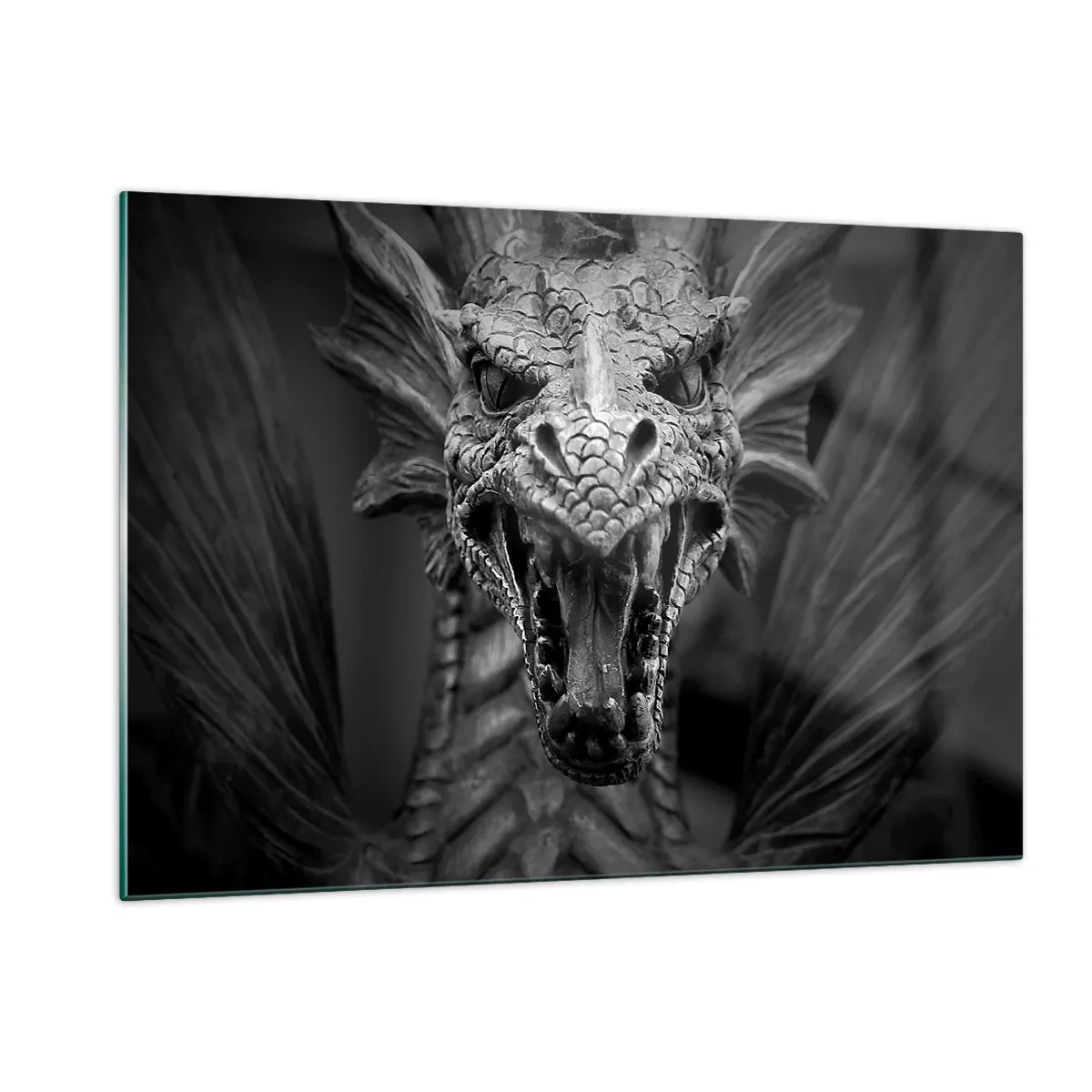 Quadro su vetro - Ritratto dettagliato di un drago in bianco e nero - 120x80cm - Drago favoloso in grigio - Decorazione murale moderna per soggiorno e camera da letto ARTTOR
