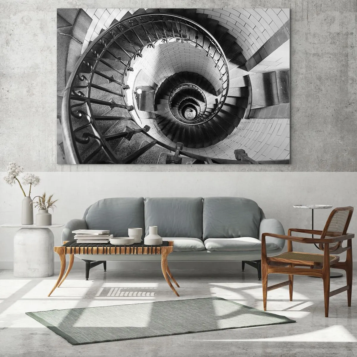 Quadro su vetro - Foto in bianco e nero di una scala a chiocciola in prospettiva - 70x50cm - Ancora più in alto - Decorazione murale moderna per soggiorno e camera da letto ARTTOR