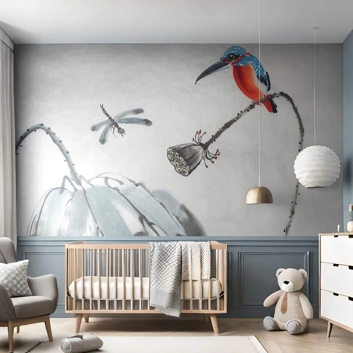 Fotomurali Premium Sand - La vita del prato - Astrazione, Uccello, Fiore - 350x256 cm