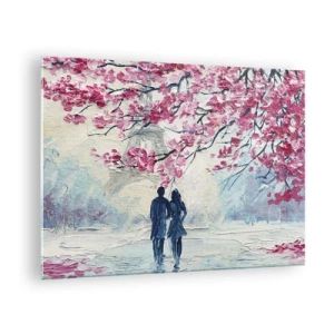 Quadro su vetro - Una coppia che cammina sotto gli alberi in fiore - 70x50cm - Passeggiata romantica - Decorazione murale moderna per soggiorno e camera da letto ARTTOR