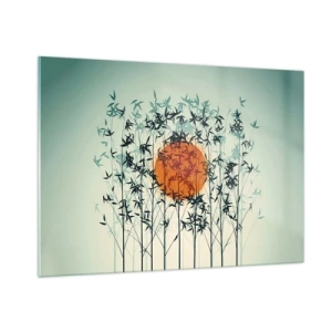 Quadro su vetro - Sole rosso tra delicate foglie di bambù - 100x70cm - Sole giapponese - Decorazione murale moderna per soggiorno e camera da letto ARTTOR