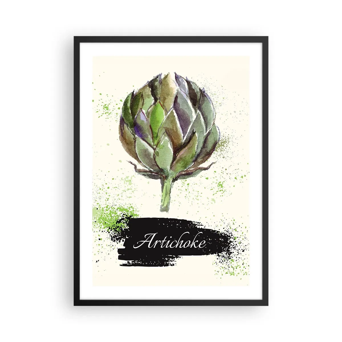 Poster in cornice nera - Illustrazione ad acquerello di un carciofo su sfondo chiaro - 50x70cm - Evviva la verdura! - Decorazione murale moderna per soggiorno e camera da letto ARTTOR