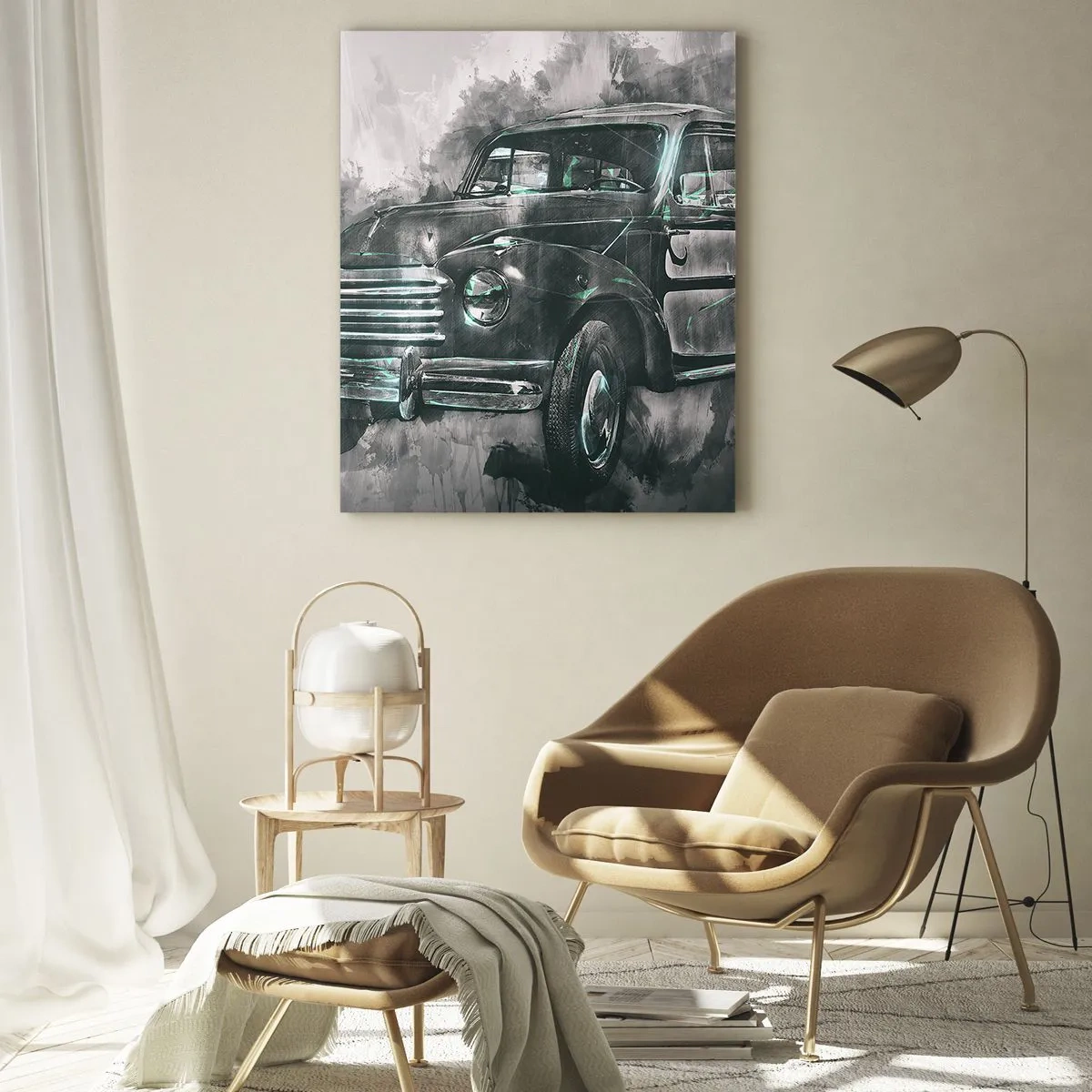 Quadro su vetro - Un'auto retrò classica con uno sfondo artistico - 70x100cm - L'onorato antenato - Decorazione murale moderna per soggiorno e camera da letto ARTTOR