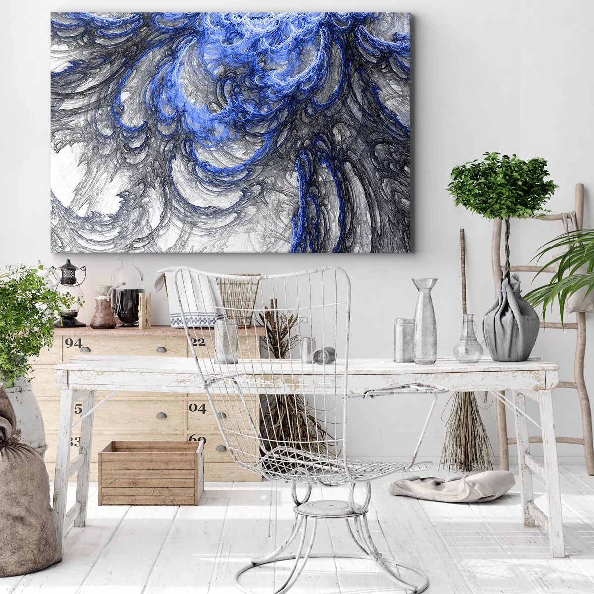 Quadro su tela - Stampe su Tela - Onde astratte nei toni del blu e del grigio - 120x80cm - La nascita dell'onda - Decorazione murale moderna per soggiorno e camera da letto ARTTOR