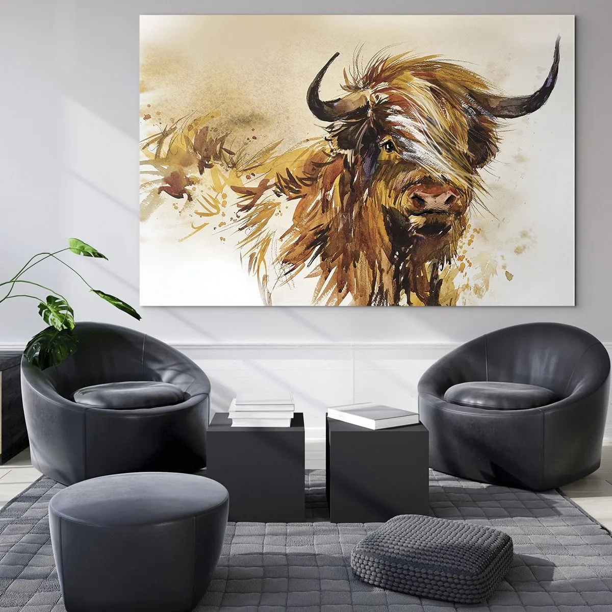 Quadro su vetro - Illustrazione ad acquerello di un toro scozzese a pelo lungo - 70x50cm - L'orgoglio del cacciatore - Decorazione murale moderna per soggiorno e camera da letto ARTTOR