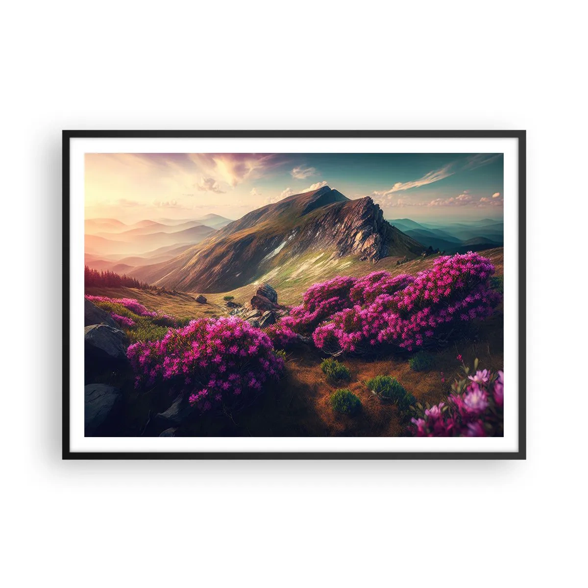 Poster in cornice nera - Paesaggio montano con rododendri in fiore - 100x70cm - L'estate sui monti - Decorazione murale moderna per soggiorno e camera da letto ARTTOR