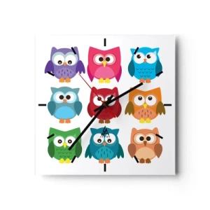 Orologio da parete - Orologio in Vetro - Illustrazioni colorate di gufi in stile infantile - 30x30cm - Essere diversi può essere divertente - Decorazione murale moderna per soggiorno e camera da letto ARTTOR