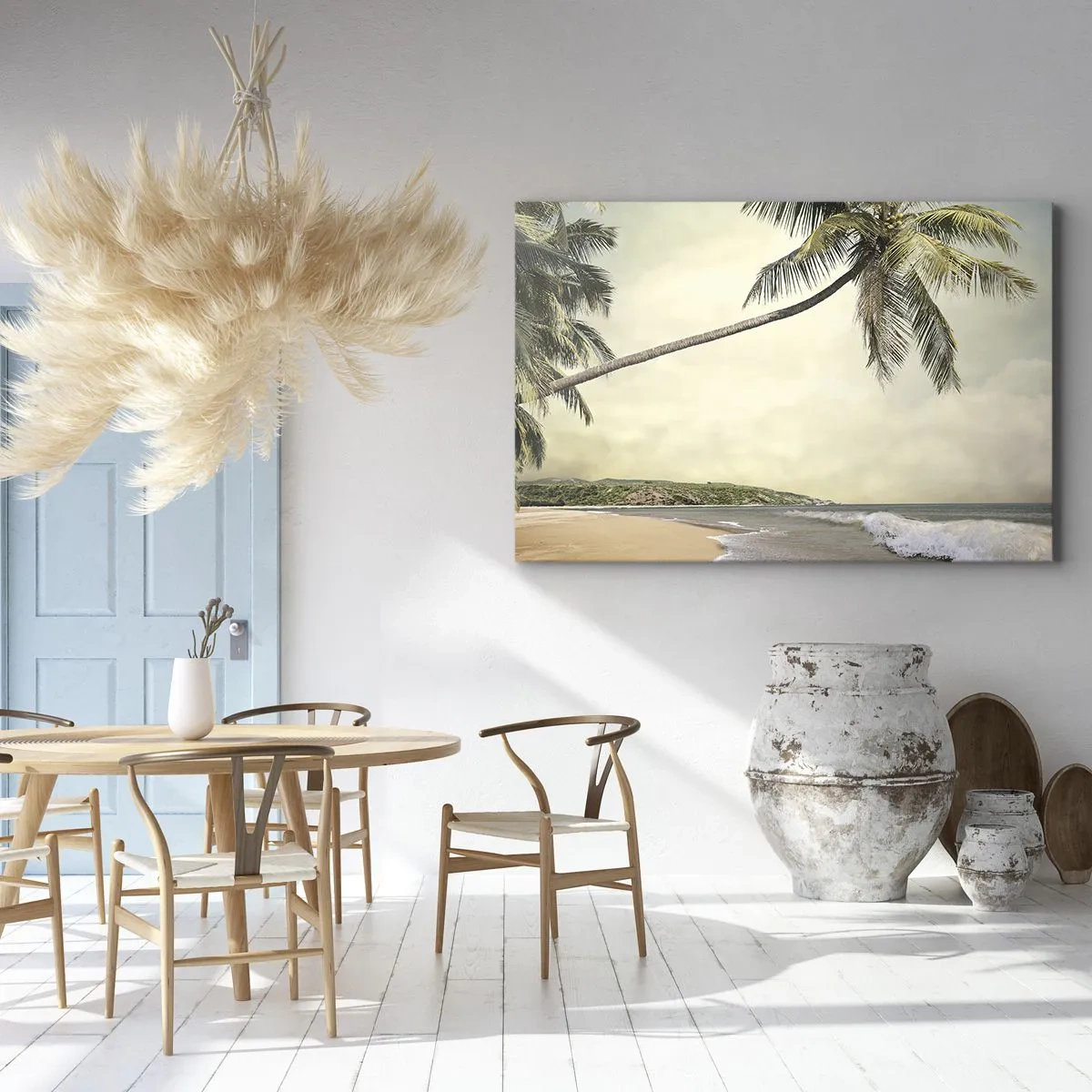 Quadro su tela - Stampe su Tela - Una spiaggia con palme sullo sfondo di un mare calmo - 70x50cm - Sogno tropicale - Decorazione murale moderna per soggiorno e camera da letto ARTTOR