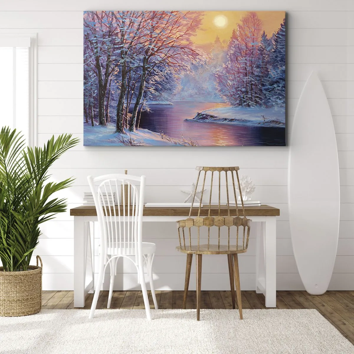 Quadro su tela - Stampe su Tela - Paesaggio invernale con fiume e alberi all'alba - 100x70cm - I colori dell'inverno - Decorazione murale moderna per soggiorno e camera da letto ARTTOR