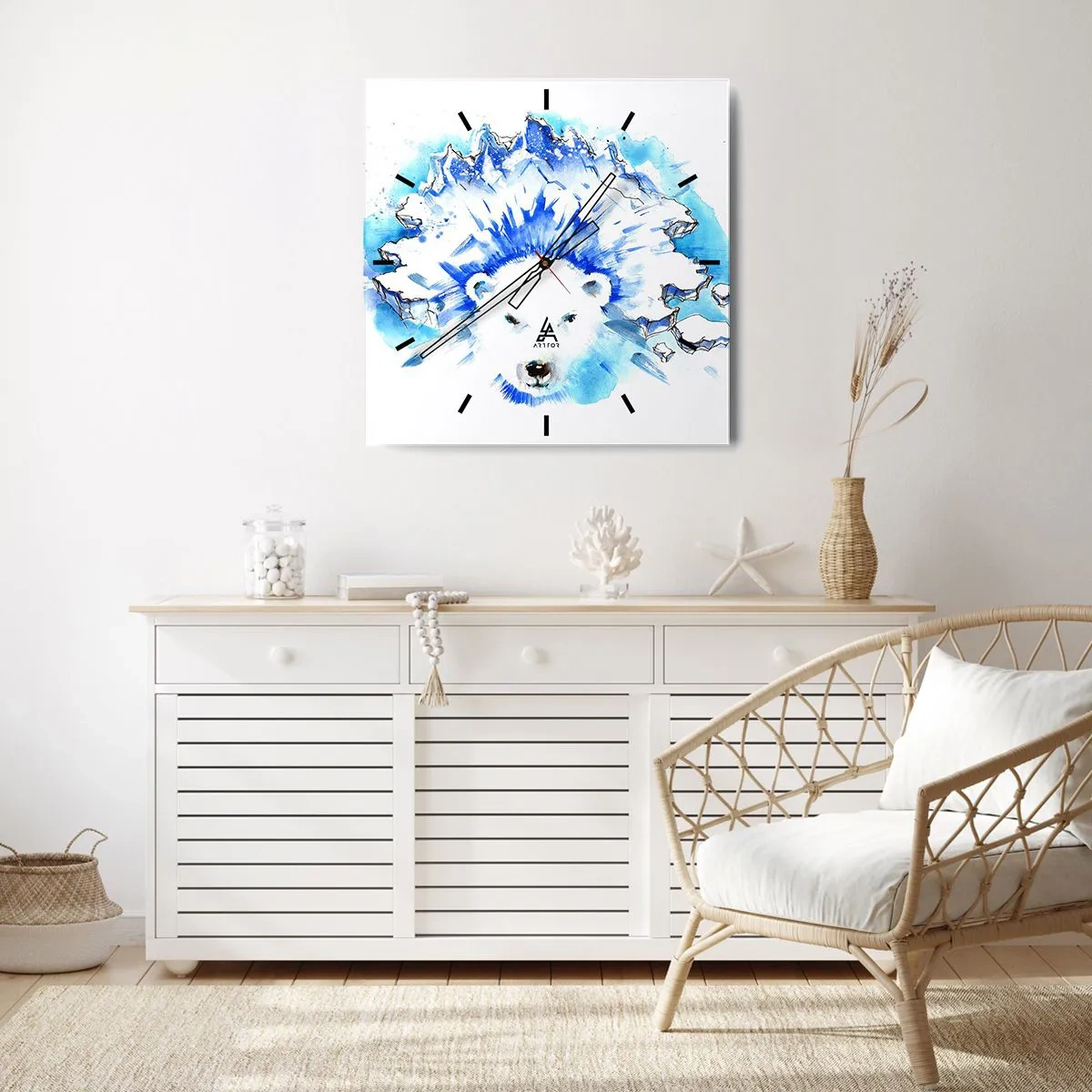 Orologio da parete - Orologio in Vetro - Dipinto artistico ad acquerello di un orso polare con un motivo ghiacciato - 30x30cm - Il re dell'Artide con la corona di ghiaccio - Decorazione murale moderna per soggiorno e camera da letto ARTTOR