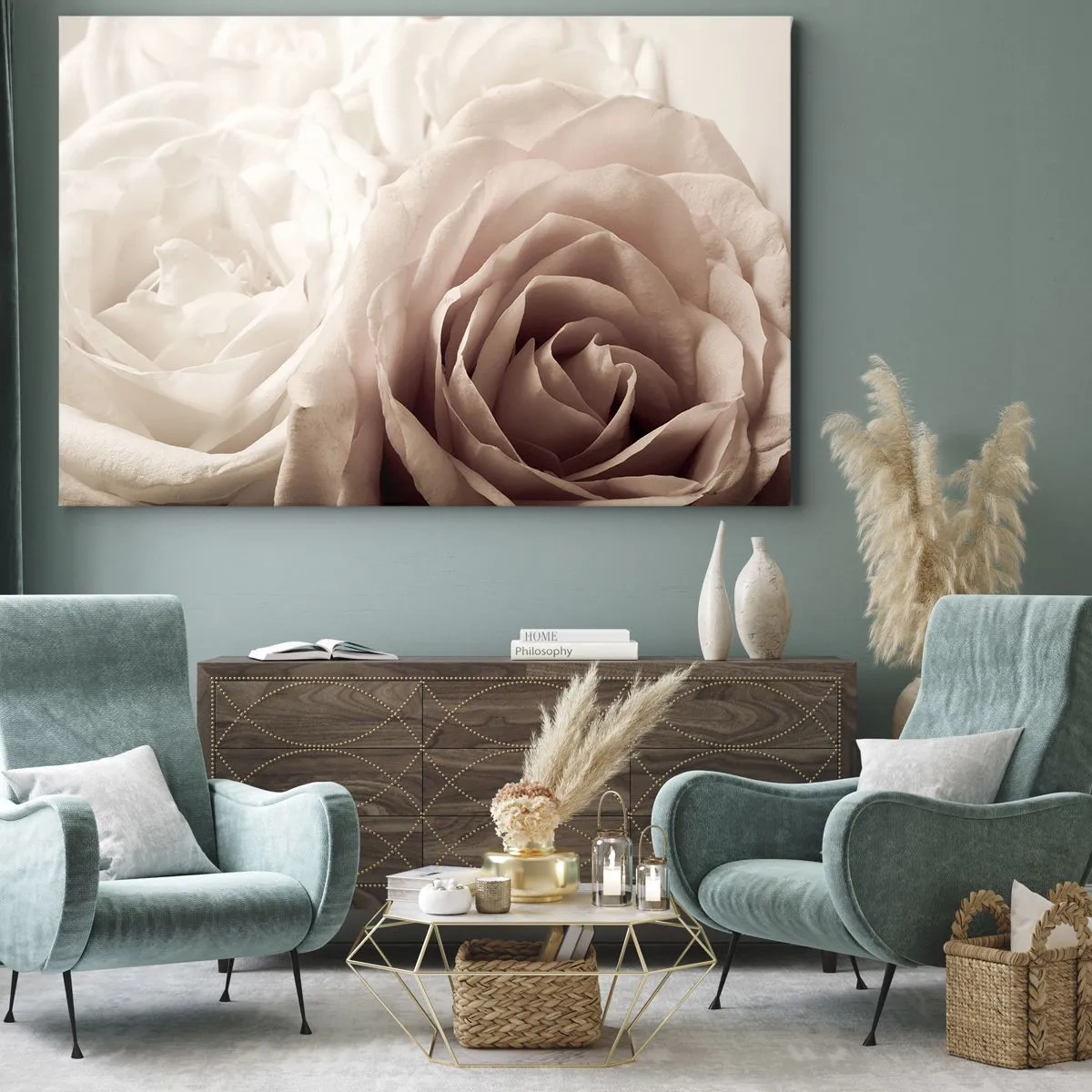 Quadro su tela - Stampe su Tela - Delicate rose in tonalità pastello del beige - 70x50cm - Nel cuore della rosa - Decorazione murale moderna per soggiorno e camera da letto ARTTOR