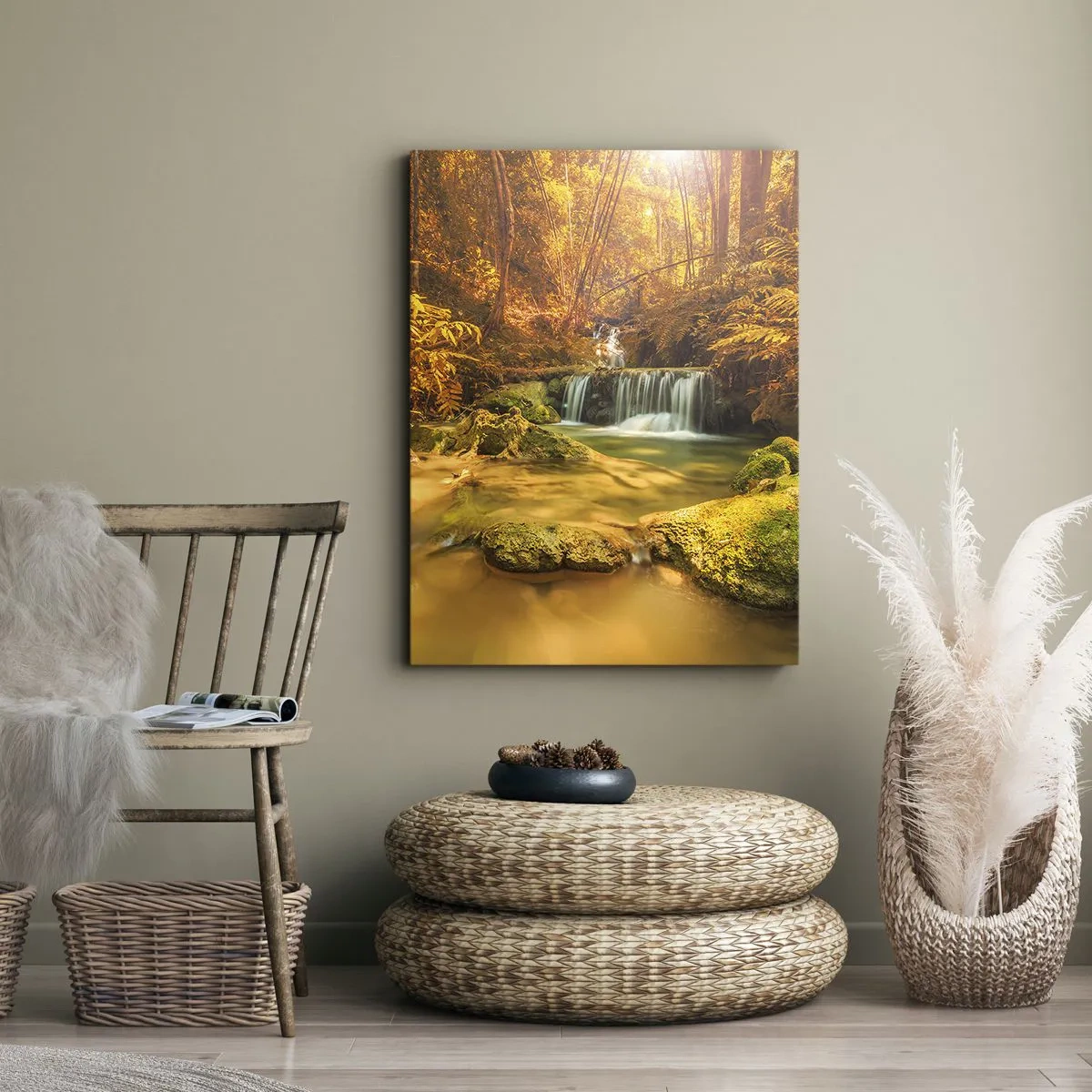 Quadro su tela - Stampe su Tela - Cascata boschiva in oro - 45x80 cm