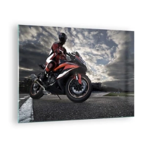 Quadro su vetro - Un motociclista su una pista da corsa sotto un cielo tempestoso - 70x50cm - Il cavaliere oscuro - Decorazione murale moderna per soggiorno e camera da letto ARTTOR