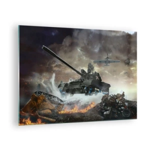 Quadro su vetro - Un carro armato in azione sullo sfondo di un drammatico campo di battaglia. - 70x50cm - La battaglia bella e terribile - Decorazione murale moderna per soggiorno e camera da letto ARTTOR