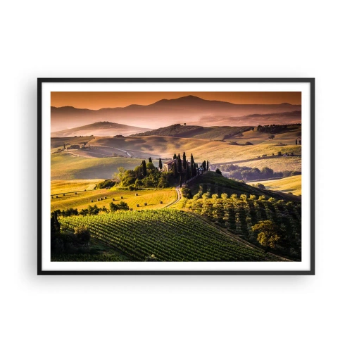 Poster in cornice nera - Paesaggio toscano con vigneti e una casa su una collina - 100x70cm - Arcadia: paesaggio toscano - Decorazione murale moderna per soggiorno e camera da letto ARTTOR