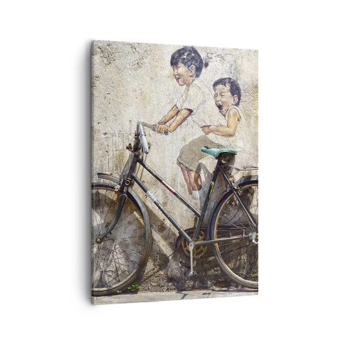 Quadro su tela - Stampe su Tela - Street art con una bicicletta e disegni di bambini sul muro - 50x70cm - Vero o falso? - Decorazione murale moderna per soggiorno e camera da letto ARTTOR