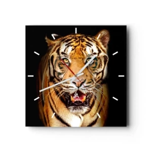 Orologio da parete - Orologio in Vetro - Una tigre con la bocca aperta su uno sfondo nero - 30x30cm - Cuore selvatico - Decorazione murale moderna per soggiorno e camera da letto ARTTOR