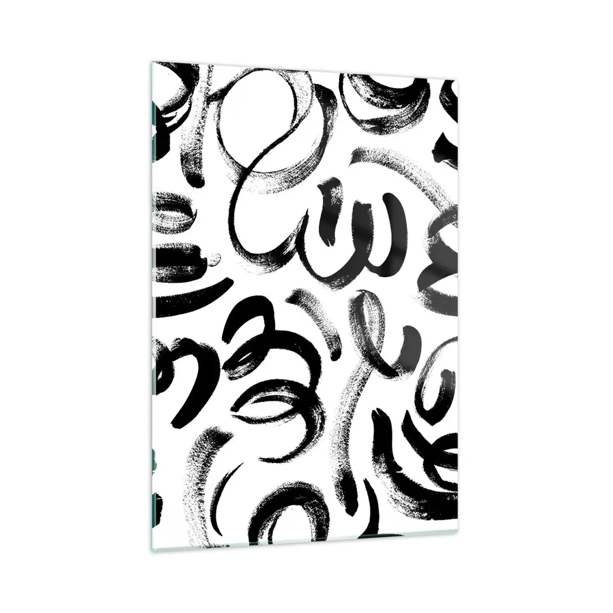 Quadro su vetro - Pennellate astratte in bianco e nero - 50x70cm - Nero su bianco - Decorazione murale moderna per soggiorno e camera da letto ARTTOR