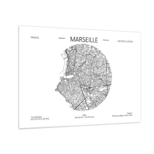 Quadro su vetro - Mappa in bianco e nero della città di Marsiglia in stile moderno - 70x50cm - Anatomia di Marsiglia - Decorazione murale moderna per soggiorno e camera da letto ARTTOR