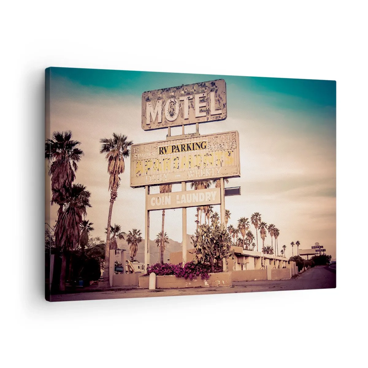 Quadro su tela - Stampe su Tela - Insegna retrò di un motel circondata da palme - 70x50cm - Qui il tempo si è fermato - Decorazione murale moderna per soggiorno e camera da letto ARTTOR