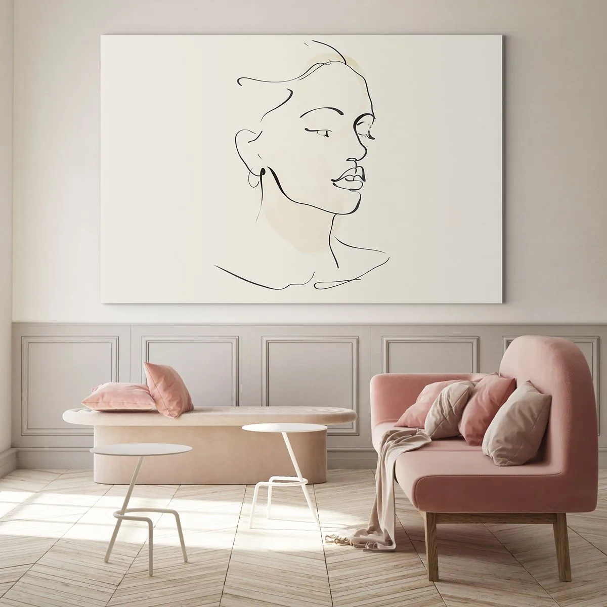Quadro su vetro - Ritratto femminile lineare su uno sfondo chiaro con ombre delicate. - 70x50cm - Linea sicura - Decorazione murale moderna per soggiorno e camera da letto ARTTOR