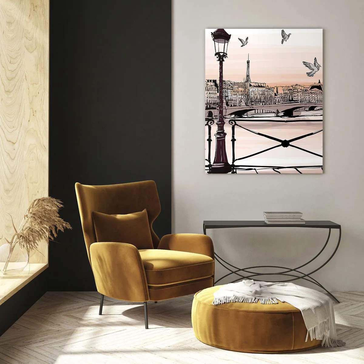 Quadro su vetro - Veduta parigina con lanterna e ponte - 70x100cm - Sui tetti di Parigi - Decorazione murale moderna per soggiorno e camera da letto ARTTOR