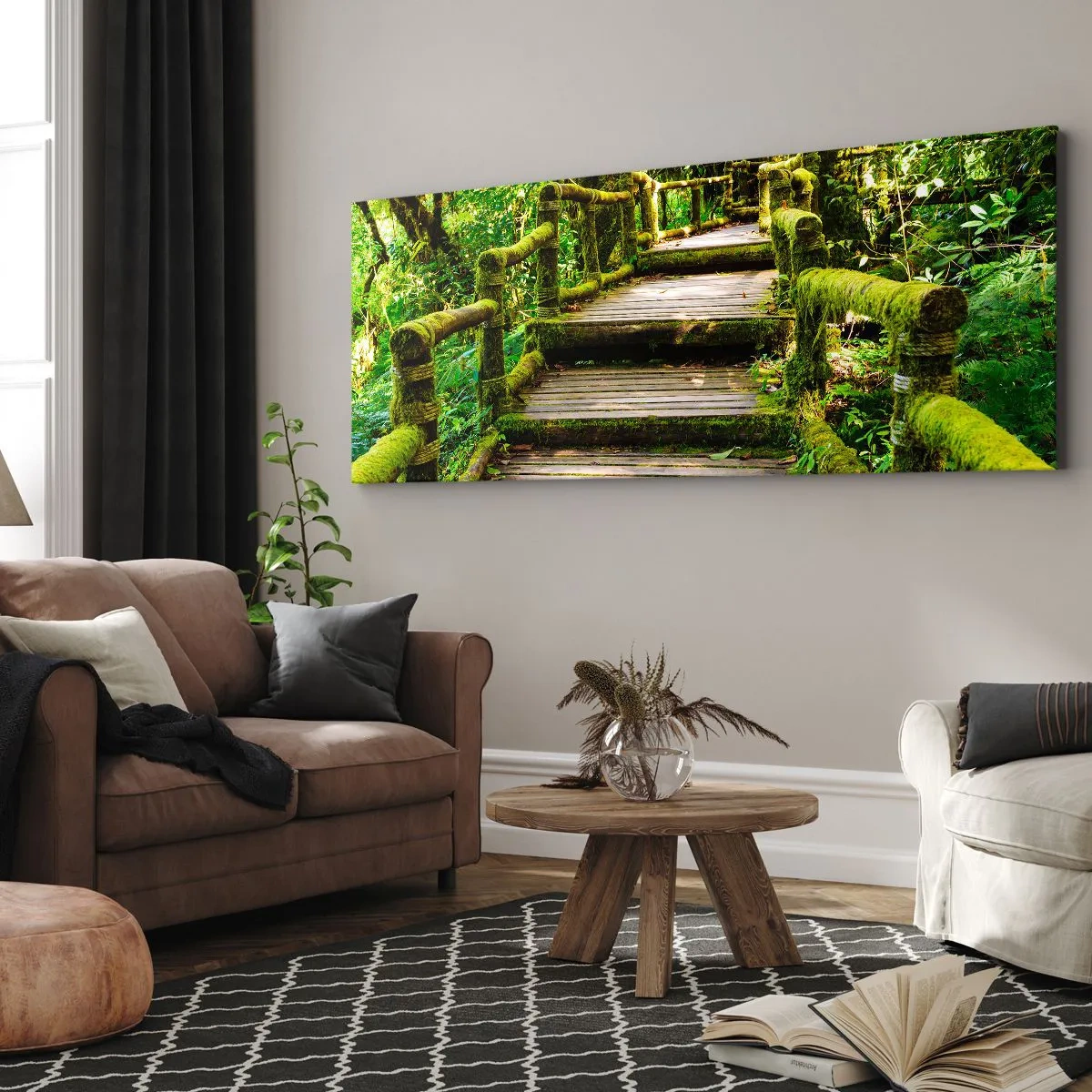 Quadro su tela - Stampe su Tela - Un ponte di legno ricoperto di muschio in una foresta pluviale tropicale - 160x50cm - Un corridoio nel verde - Decorazione murale moderna per soggiorno e camera da letto ARTTOR