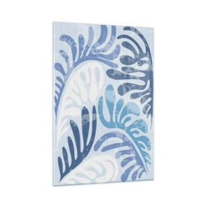 Quadro su vetro - Forme astratte nelle tonalità del blu su sfondo bianco - 70x100cm - Felci blu - Decorazione murale moderna per soggiorno e camera da letto ARTTOR