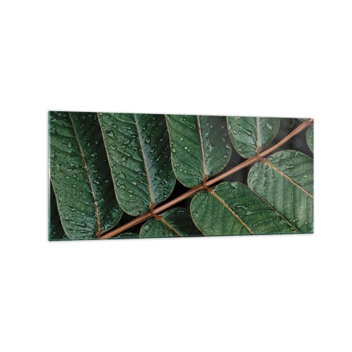 Quadro su vetro - Macro di foglie verdi con gocce di rugiada - 120x50cm - Al ritmo verde - Decorazione murale moderna per soggiorno e camera da letto ARTTOR