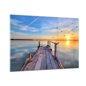 Quadro su vetro - Molo di legno sul lago al tramonto - 100x70cm - Camminando verso il sole - Decorazione murale moderna per soggiorno e camera da letto ARTTOR