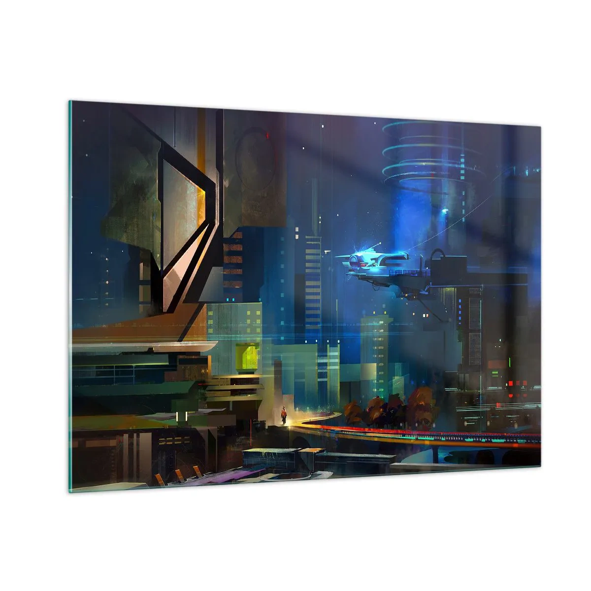 Quadro su vetro - Città futuristica di notte con luci al neon e un veicolo volante - 100x70cm - In un futuro non lontano - Decorazione murale moderna per soggiorno e camera da letto ARTTOR