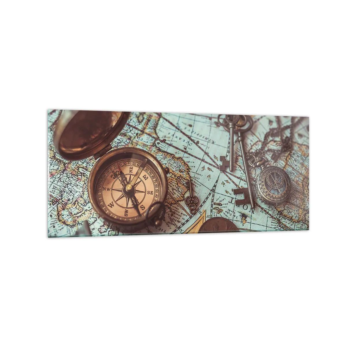 Quadro su vetro - Composizione con bussola, chiavi e una vecchia mappa in stile retrò - 120x50cm - Per il cercatore di avventure - Decorazione murale moderna per soggiorno e camera da letto ARTTOR