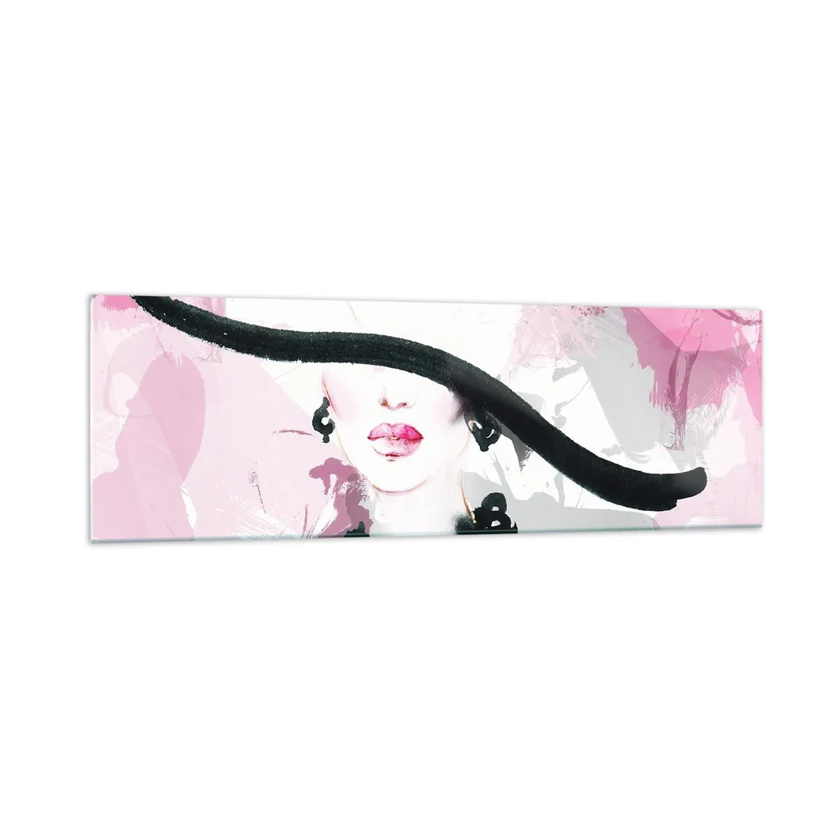 Quadro su vetro - Una donna elegante con un cappello su uno sfondo di astrazioni rosa. - 160x50cm - Ritratto di donna in nero e rosa - Decorazione murale moderna per soggiorno e camera da letto ARTTOR