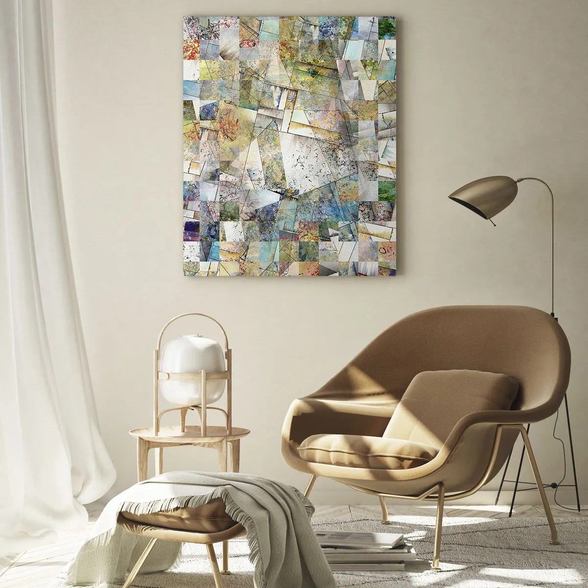 Quadro su vetro - Una composizione colorata di forme geometriche frammentate - 50x70cm - Rimpasto geometrico - Decorazione murale moderna per soggiorno e camera da letto ARTTOR