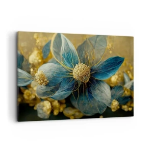 Quadro su tela - Stampe su Tela - Eleganti fiori nei toni del blu e dell'oro - 120x80cm - Fiorire d'oro - Decorazione murale moderna per soggiorno e camera da letto ARTTOR