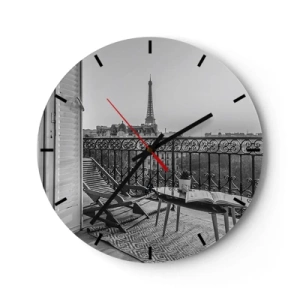 Orologio da parete - Orologio in Vetro - Vista dal balcone della Torre Eiffel in bianco e nero - 30x30cm - Pomeriggio parigino - Decorazione murale moderna per soggiorno, cucina e camera da letto ARTTOR