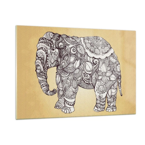 Quadro su vetro - Elefante bianco e nero con motivi orientali su sfondo beige - 120x80cm - L'elefante nascosto - Decorazione murale moderna per soggiorno e camera da letto ARTTOR