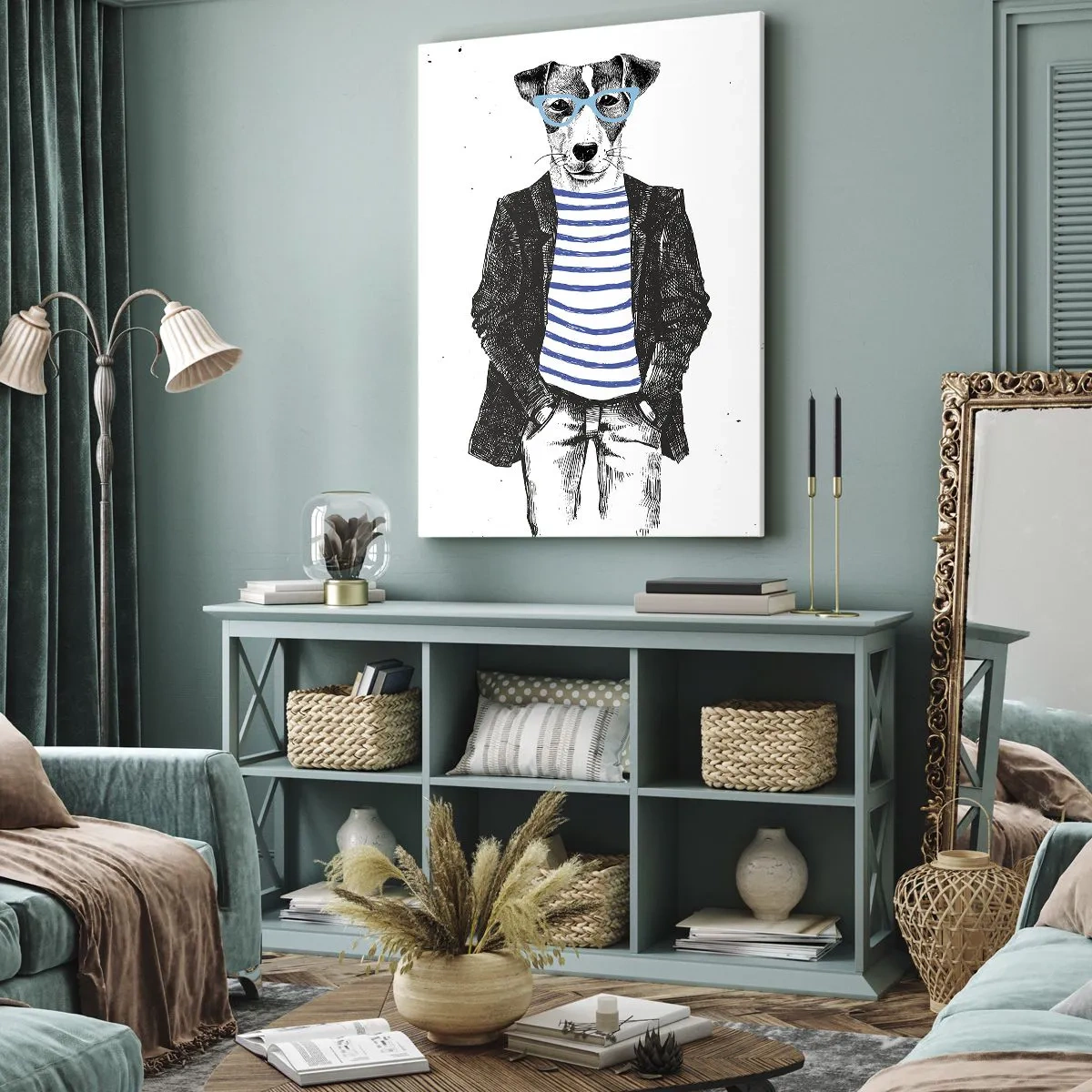 Quadro su tela - Stampe su Tela - Ritratto di un cane con occhiali e camicia da marinaio in stile umoristico - 80x120cm - Incantesimo sul cane - Decorazione murale moderna per soggiorno e camera da letto ARTTOR