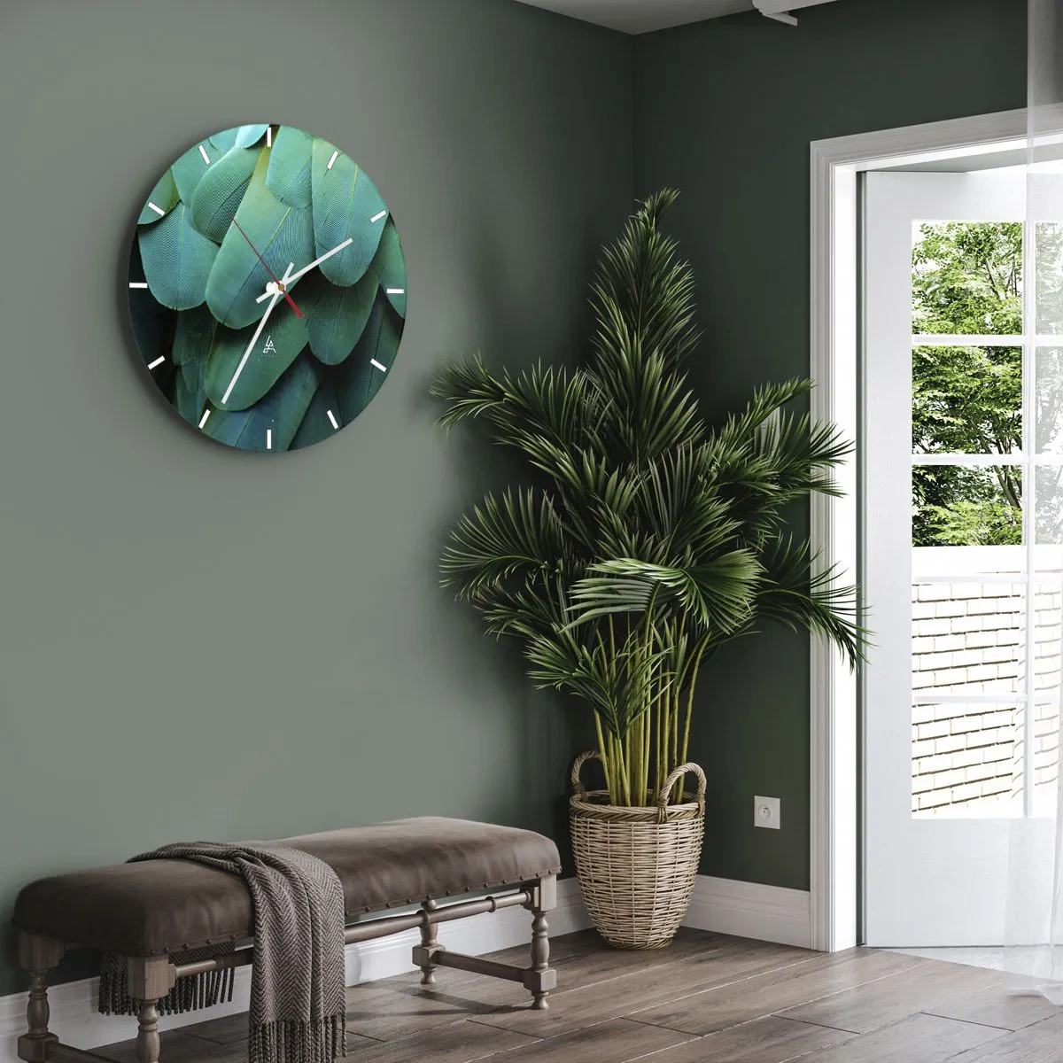 Orologio da parete - Orologio in Vetro - Primo piano delle piume verdi di un uccello esotico - 30x30cm - Precisione da pappagallo - Decorazione murale moderna per soggiorno, cucina e camera da letto ARTTOR