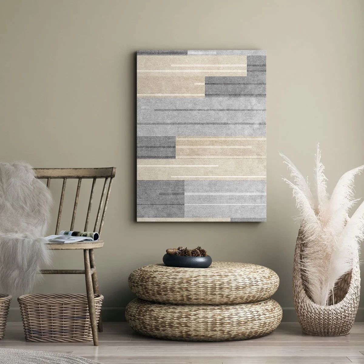 Quadro su tela - Stampe su Tela - Composizione geometrica nei toni del grigio e del beige - 70x100cm - Composizione: rigare dritto - Decorazione murale moderna per soggiorno e camera da letto ARTTOR