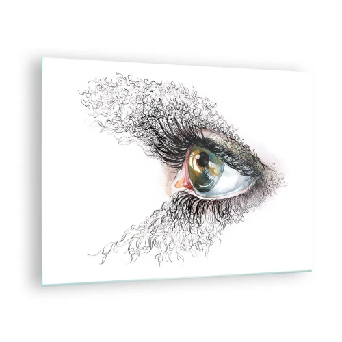 Quadro su vetro - Un occhio dorato circondato da linee dinamiche e dettagli astratti - 70x50cm - Guarda dentro l'anima - Decorazione murale moderna per soggiorno e camera da letto ARTTOR
