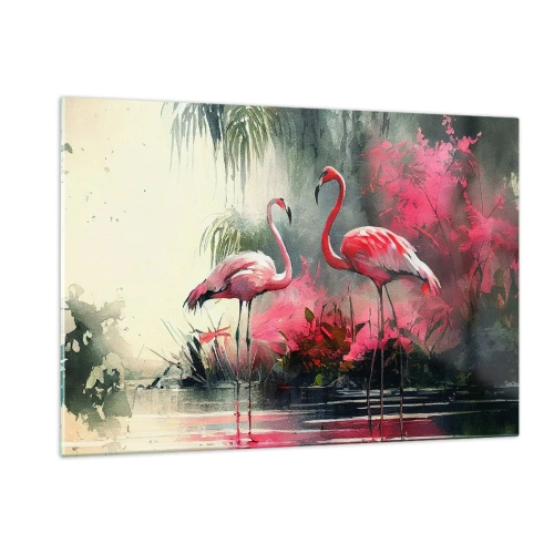 Quadro su vetro - Due fenicotteri in un ambiente tropicale in riva all'acqua - 120x80cm - Lezione di naturale eleganza - Decorazione murale moderna per soggiorno e camera da letto ARTTOR