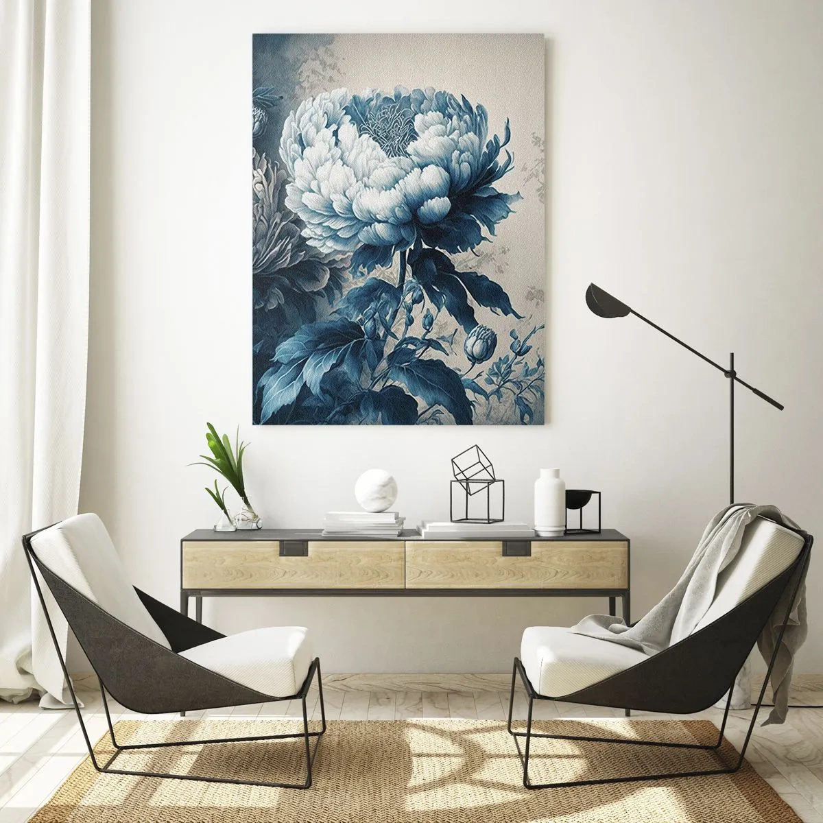 Quadro su vetro - Peonie blu su uno sfondo tenue con un motivo delicato - 70x100cm - Coppia perfetta - Decorazione murale moderna per soggiorno e camera da letto ARTTOR