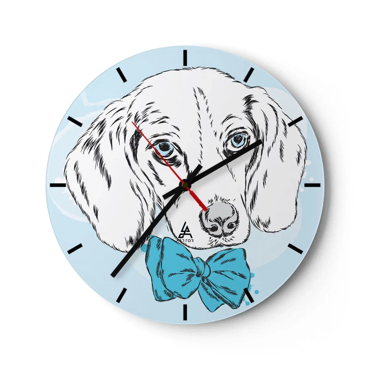 Orologio da parete - Orologio in Vetro - Disegno artistico di un cane con un papillon blu su uno sfondo chiaro - 30x30cm - Eleganza canina - Decorazione murale moderna per soggiorno, cucina e camera da letto ARTTOR