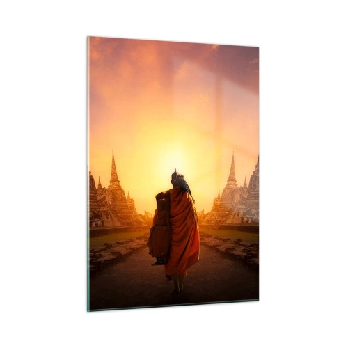 Quadro su vetro - Un monaco sullo sfondo del tramonto e dei templi in Asia - 50x70cm - In pace per l'eternità - Decorazione murale moderna per soggiorno e camera da letto ARTTOR
