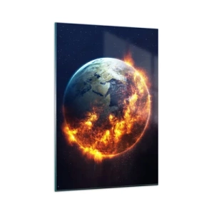 Quadro su vetro - Il pianeta Terra in fiamme nello spazio - 80x120cm - Le fiamme dell'apocalisse - Decorazione murale moderna per soggiorno e camera da letto ARTTOR