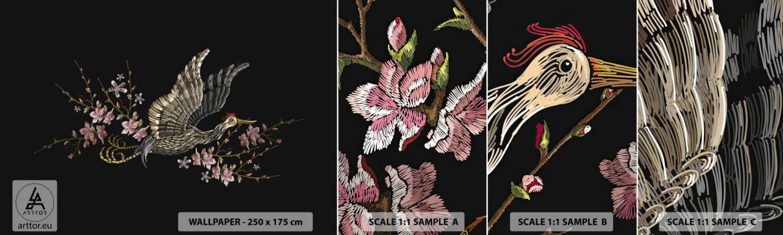 Campione Di Fotomurale Standard Eco - Uccello esotico ricamato - Uccello, Grafica, Fiori - 100x30 cm