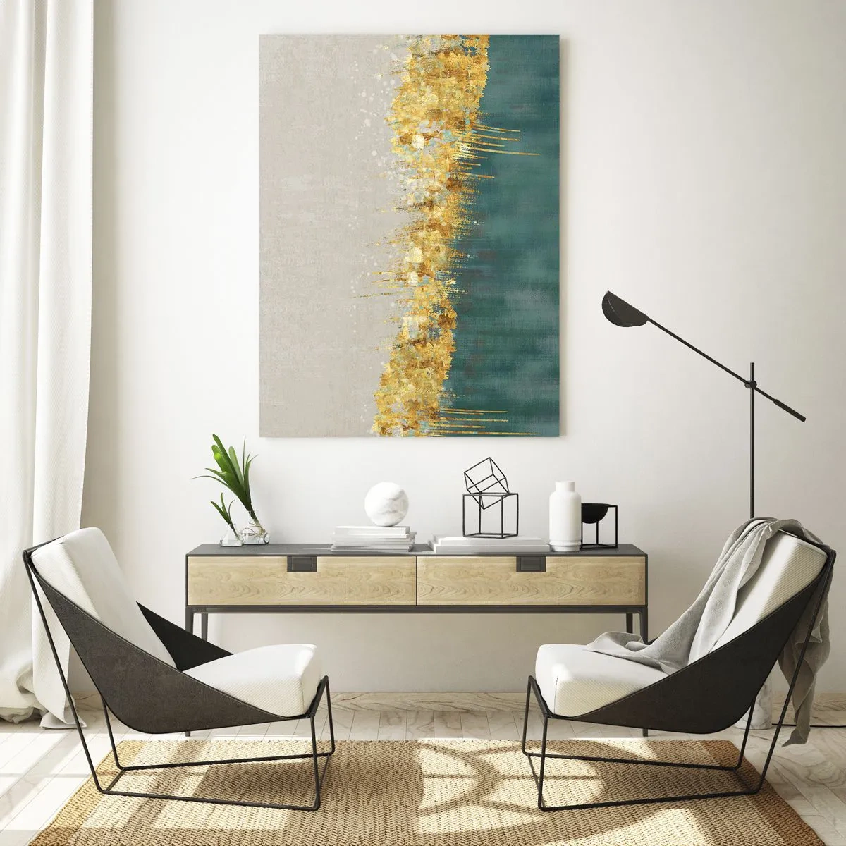 Quadro su vetro - Accenti dorati su sfondo verde-beige - 70x100cm - Confine dorato - Decorazione murale moderna per soggiorno e camera da letto ARTTOR